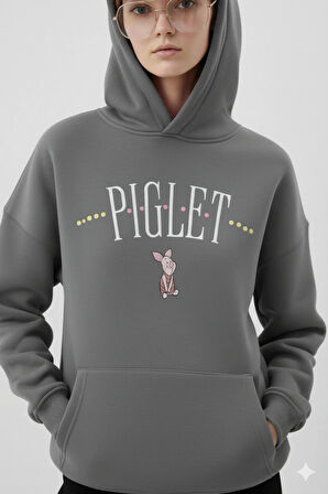 Piglet Baskılı Kapüşonlu Kanguru Cepli Bol Kesim Sweatshirt