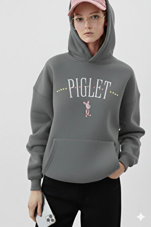 Piglet Baskılı Kapüşonlu Kanguru Cepli Bol Kesim Sweatshirt