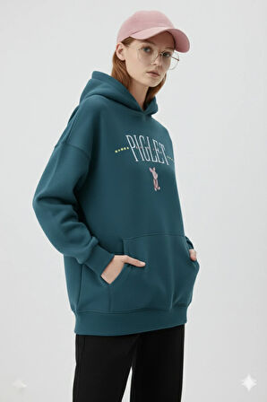 Piglet Baskılı Petrol Mavisi Kapüşonlu Kanguru Cepli Bol Kesim Sweatshirt