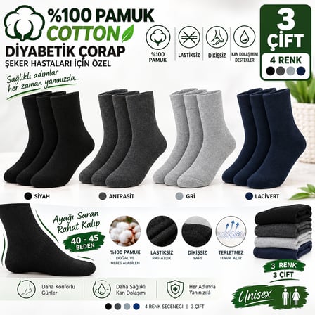 Gümüş Diyabetik 3'lü Dikişsiz Çorap