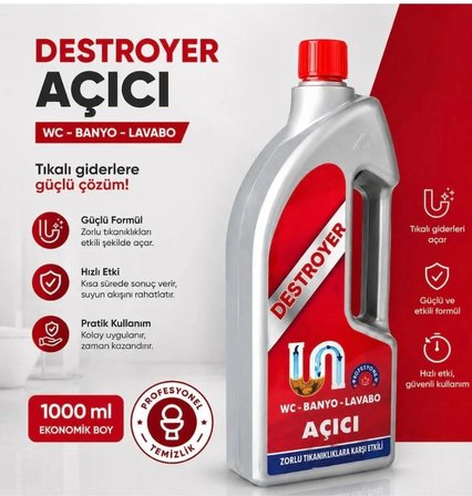 2 Kutu Destroyer 1000 ml + 1000 ml Destroyer Lavabo Açıcı Sıvı Güçlü Formül ile Tıkanıklıkları Hızla Açar