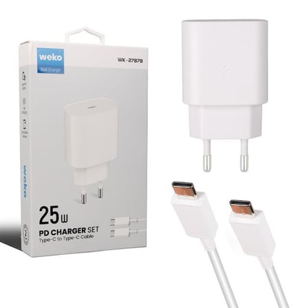 Weko WK-27878 Note10 Beyaz 25 Watt Şarj Başlık Adaptörü + Type-C To Type-C Kablo