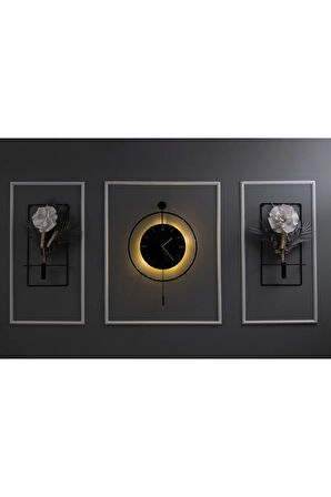 5'li Negro Kadran Elegante Seri -Siyaha- Siyah Göbek - Büyük(50X75CM)-(PİLLİ LED) Metal Duvar Saati