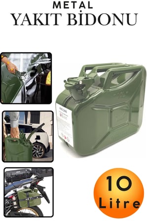 10 Litre Metal Benzin Bidonu Dayanıklı Akaryakıt Mazot Yakıt Taşıma Doldurma ve Depolama Bidonu Paslanmaz Çelik Statik Boyalı Emniyet Kilitli Metal Kombi Bidon Nato Tipi Metal Askeri Benzin Bidonu