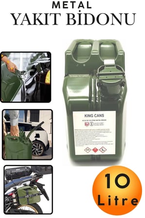 10 Litre Metal Benzin Bidonu Dayanıklı Akaryakıt Mazot Yakıt Taşıma Doldurma ve Depolama Bidonu Paslanmaz Çelik Statik Boyalı Emniyet Kilitli Metal Kombi Bidon Nato Tipi Metal Askeri Benzin Bidonu
