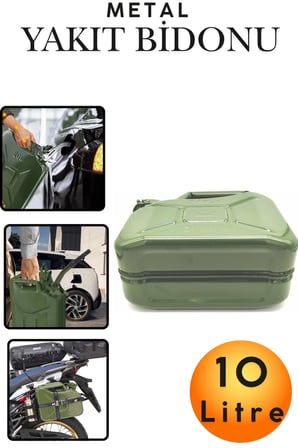 10 Litre Metal Benzin Bidonu Dayanıklı Akaryakıt Mazot Yakıt Taşıma Doldurma ve Depolama Bidonu Paslanmaz Çelik Statik Boyalı Emniyet Kilitli Metal Kombi Bidon Nato Tipi Metal Askeri Benzin Bidonu