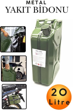 20 Litre Metal Benzin Bidonu Dayanıklı Akaryakıt Mazot Yakıt Taşıma Doldurma ve Depolama Bidonu Paslanmaz Çelik Statik Boyalı Emniyet Kilitli Metal Kombi Bidon Nato Tipi Metal Askeri Benzin Bidonu
