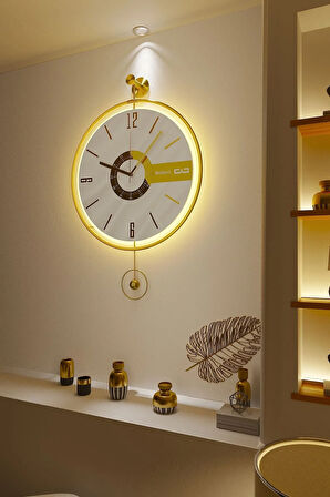 Orta Boy - Gold 37cm Çap - Elit Three (PİLLİ LED SİSTEMİ) , Metal Duvar Saati