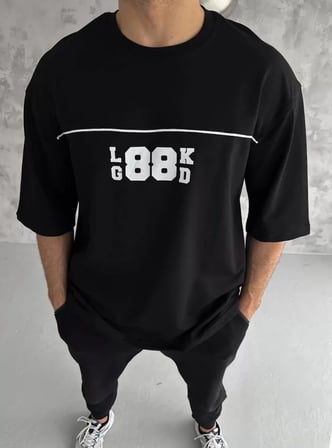 Mhkids Unisex Bisiklet Yaka Baskılı Oversize T-Shirt - Siyah