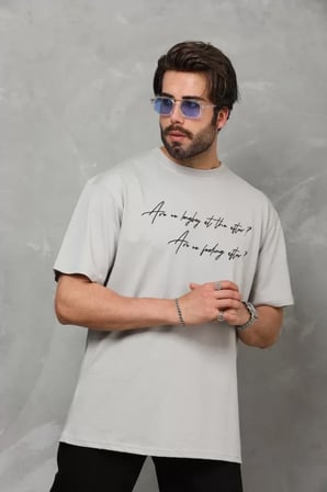 Mhkids Unisex Bisiklet Yaka Baskılı Oversize T-Shirt - Gri