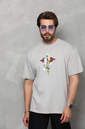 Mhkids Unisex Bisiklet Yaka Baskılı Oversize T-Shirt - Gri