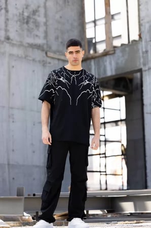 Mhkids Unisex Bisiklet Yaka Baskılı Oversize T-Shirt - Siyah