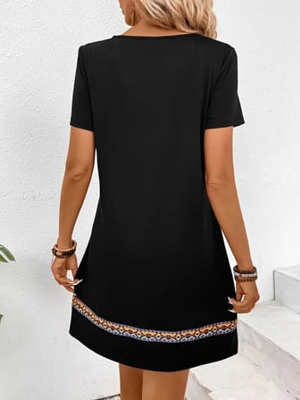 Mhkids Kadın Kısa Kollu V Yakalı Etnik Desen şerit Detaylı Viskon Elbise