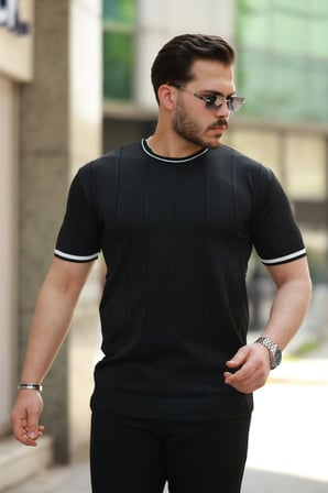 Mhkids Erkek Bisiklet Yaka çizgi Desenli Ribanalı Kısa Kollu Tshirt