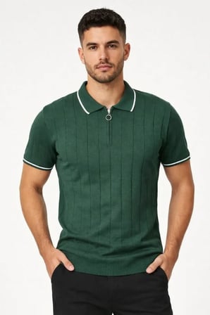 Mhkids Erkek Fermuarlı Yaka Fitilli Triko Kısa Kollu Regular Fit Tişört T-shirt - Yeşil