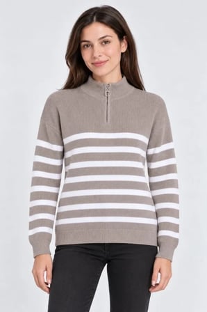 Mhkids Dik Yaka Yarım Fermuarlı Çizgili Selanik Örgü Triko Kazak - Bej