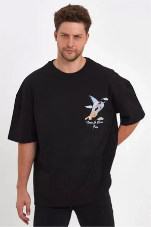 Mhkids Erkek Melek Baskılı Oversize T-shirt - Siyah