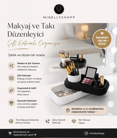 Minelly | Makyaj ve Takı Düzenleyici - Çift Katmanlı Vanity Organizer (Siyah & Beyaz)