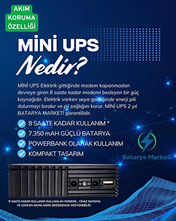 Universal Mini UPS Modem İçin 7350 mAh Güç Kaynağı – 8 Saat Enerji – USB + Akım Koruma