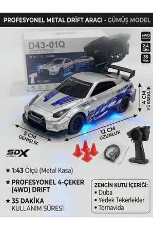 1:43 Ölçek Metal Şarjlı Mini Drift Rc 15 Km Hız 4 Çeker Nissan Gtr Tasarım Profesyonel Uzaktan Kumandalı Drift ve Yarış Arabası