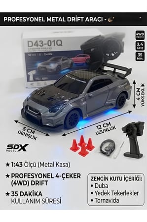 1:43 Ölçek Metal Şarjlı Mini Drift Rc 15 Km Hız 4 Çeker Nissan Gtr Tasarım Profesyonel Uzaktan Kumandalı Drift ve Yarış Arabası