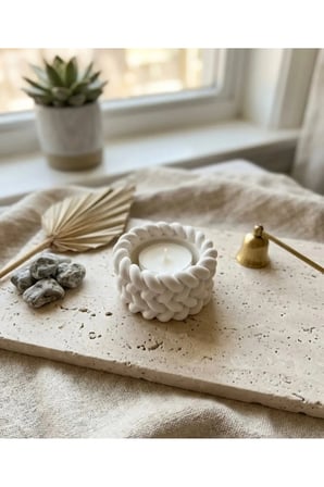 Kendin Boya Taş Tozu Örgü / Halat Dokulu Dekoratif Tealight Mumluk ve Hobi Seti (12 Renk Boya + Fırça Hediyeli)