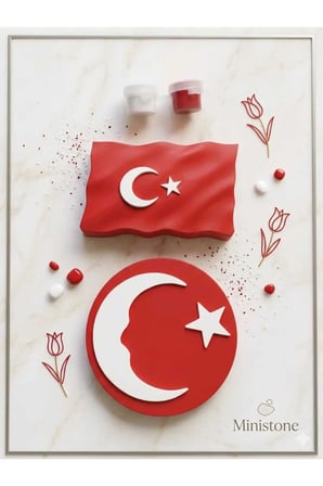 Kendin Boya Taş Tozu Türk Bayrağı ve Ay-Yıldız Motifli Obje Hobi Seti (12 Renk Boya + Fırça Hediyeli)