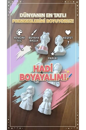 Kendin Boya Taş Tozu Prenses Figürleri Hobi ve Etkinlik Seti (12 Renk Boya + Fırça Hediyeli)