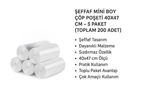 Şeffaf Mini Boy Çöp Poşeti, 40 Adetli Rulo, 40x47 cm – 5 Paket (Toplam 200 Adet)