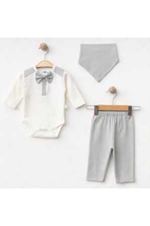 Papyonlu 3'lü Erkek Bebek Body Takım | 6-9 AY