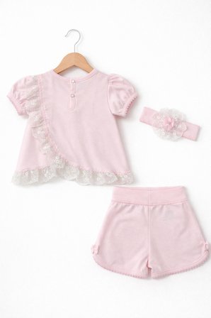 Kız Bebek Dantelli Şortlu Takım & Saç Bandı – 3’lü Pembe | 0-3 AY