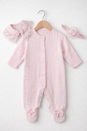 Fiyonk ve Dantel Detaylı Çıkarılabilir Yaka Kız Bebek Patikli Tulum + Saç Bandı | 6-9 AY