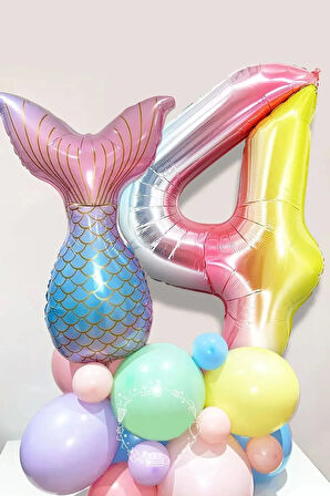 Deniz Kızı Kuyruğu Karşılama Seti 4 Yaş Rakam Balonlu