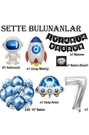 Uzay Konsepti 7 Yaş Doğum Günü Parti Kutlama Seti; Astronot, Ufo Ve Uzay Gemisi Folyo Balon Set