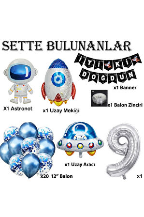 Uzay Konsepti 9 Yaş Doğum Günü Parti Kutlama Seti Astronot, Ufo Ve Uzay Gemisi Folyo Balon Set