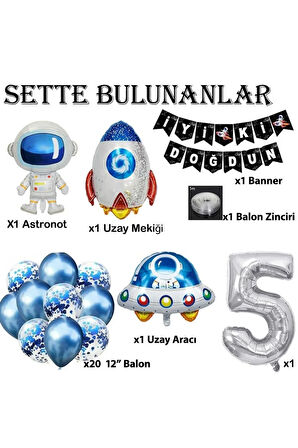 Uzay Konsepti 5 Yaş Doğum Günü Parti Kutlama Seti; Astronot, Ufo Ve Uzay Gemisi Folyo Balon Set