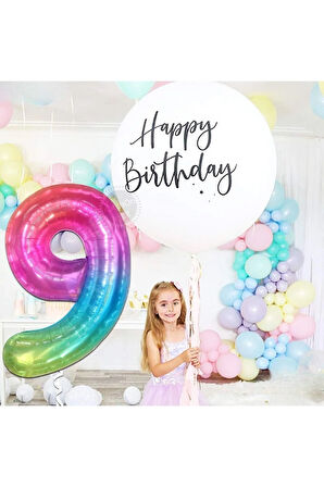 9 Rakamı Gökkuşağı Rengarenk Folyo Balon 76cm 34" Helyuma Uygun Parti Balonu