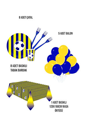 Sarı Lacivert Parti Seti - Çocuklara Özel Taraftar Temalı Doğum Günü Konsepti 8 Kişilik Set