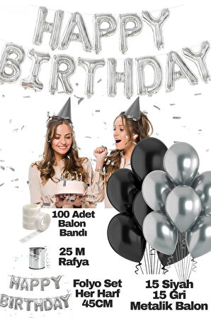 Happy Birthday Doğum Günü Seti Siyah Gri Balon Set Kadın Erkek Kız Çocuk Parti Süsleri