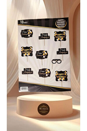 Happy Birthday Temalı 10'lu Konuşma Balonu Seti SİYAH-GOLD