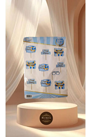 Happy Birthday Temalı 10'lu Konuşma Balonu Seti MAVİ-GOLD