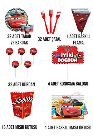 Cars Arabalar Şimşek Mgueen 32 Kişilik Set Doğum Günü Parti Malzemeleri