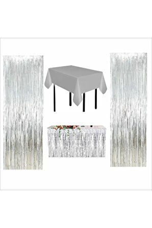 GÜMÜŞ MASA ÖRTÜSÜ, GÜMÜŞ MASA ETEĞİ, 2 ADET GÜMÜŞ ARKA FON PERDE