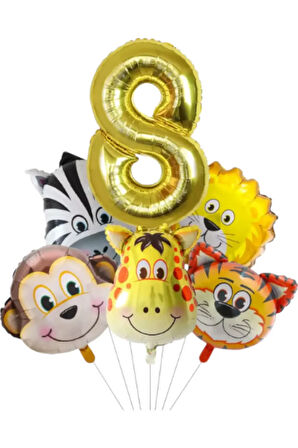 Safari Kafa Seti Altın Yaş Rakam Hayvan Temalı Doğum Günü Balon Seti 8 Yaş