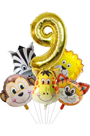 Safari Kafa Seti Altın Yaş Rakam Hayvan Temalı Doğum Günü Balon Seti 9 Yaş
