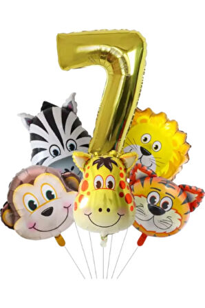 Safari Kafa Seti Altın Yaş Rakam Hayvan Temalı Doğum Günü Balon Seti 7 Yaş