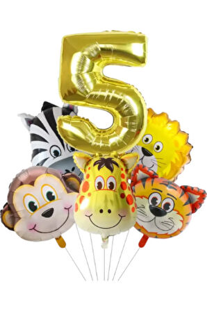 Safari Kafa Seti Altın Yaş Rakam Hayvan Temalı Doğum Günü Balon Seti 5 Yaş