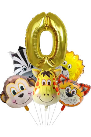 Safari Kafa Seti Altın Yaş Rakam Hayvan Temalı Doğum Günü Balon Seti 0 Yaş