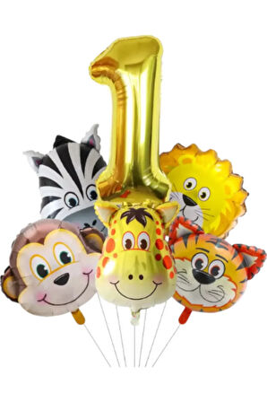 Safari Kafa Seti Altın Yaş Rakam Hayvan Temalı Doğum Günü Balon Seti 1 Yaş