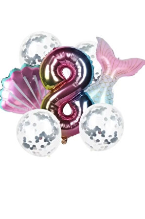 Deniz Kızı Kuyruk Gümüş Pul Gökkuşağı Rakam Folyo Balon Seti 8 Yaş